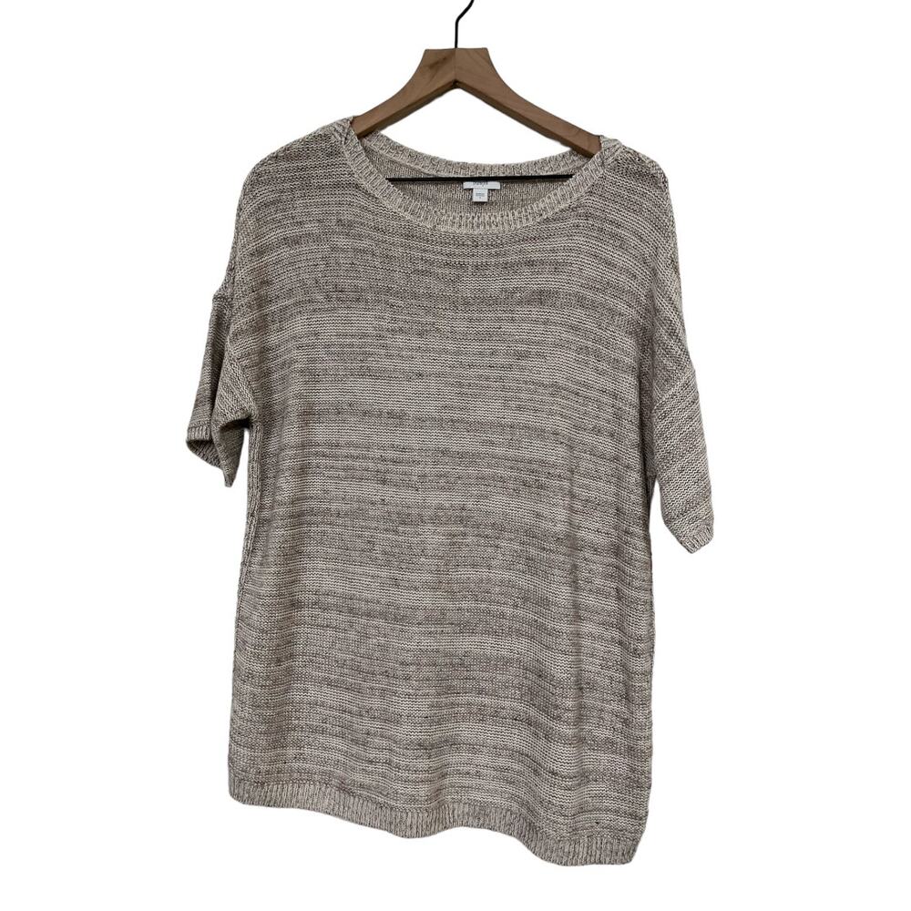 J Jill Womens Short Sleeve Scoop Neck Linen Blend Knit Sweater Size Small Beige